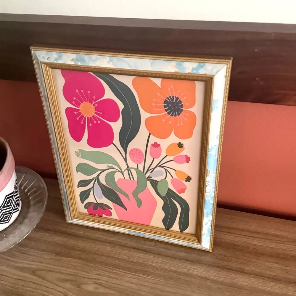 Retro Floral Colorful Flowers in Vase Canvas Art Print Blue Gold Framed Wall Art